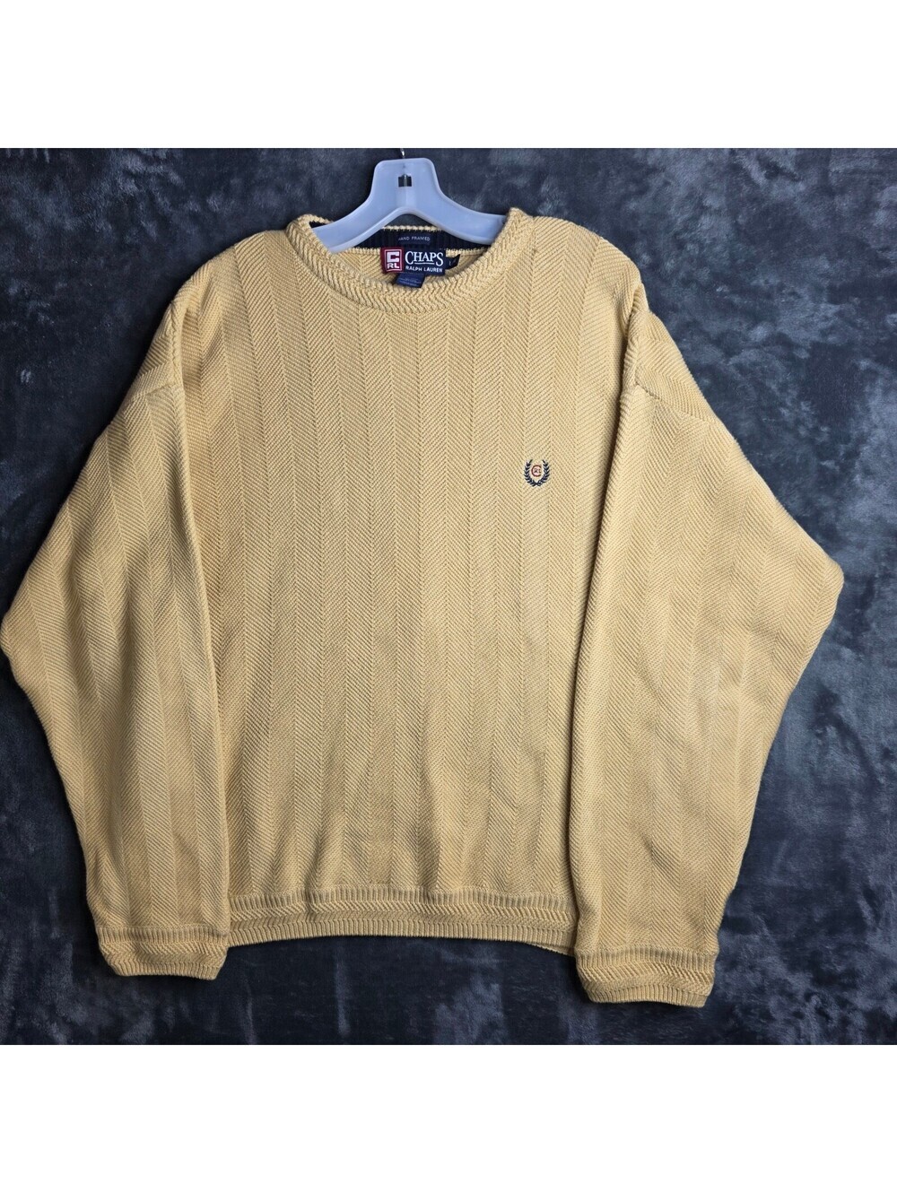 Vintage Chaps Ralph Lauren Tan Herringbone Knit Crewneck Sweater Men's L